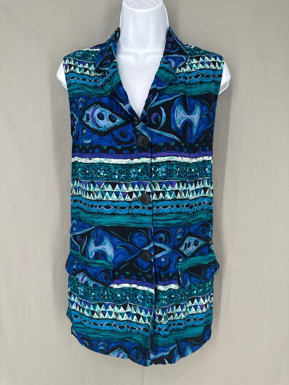 90s Vintage Top Womens Large Blue Western Vest Button Black Boho Rayon USA